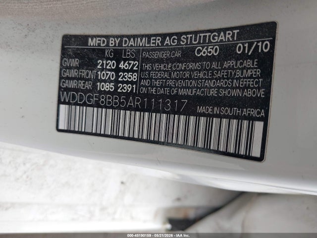 45190159 :رقم المزاد ، WDDGF8BB5AR111317 vin ، 2010 Mercedes-benz C 300 Luxury 4matic/sport 4matic مزاد بيع