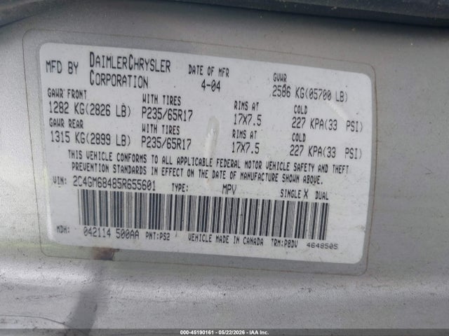 Aukcja sprzedaży 2005 Chrysler Pacifica Touring, vin: 2C4GM68485R655601, numer aukcji: 45190161