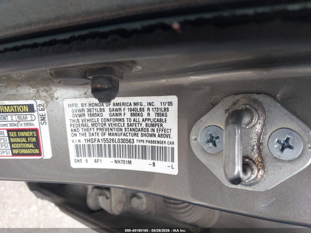 Auction sale of the 2006 Honda Civic Lx, vin: 1HGFA15526L030563, lot number: 45190165