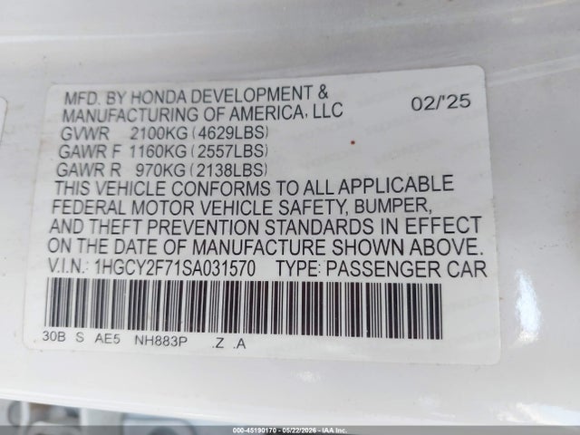 1HGCY2F71SA031570 Honda Accord Hybrid Sport-l