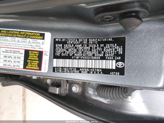 45190179 :رقم المزاد ، 4T1BF1FKXCU156609 vin ، 2012 Toyota Camry Se مزاد بيع