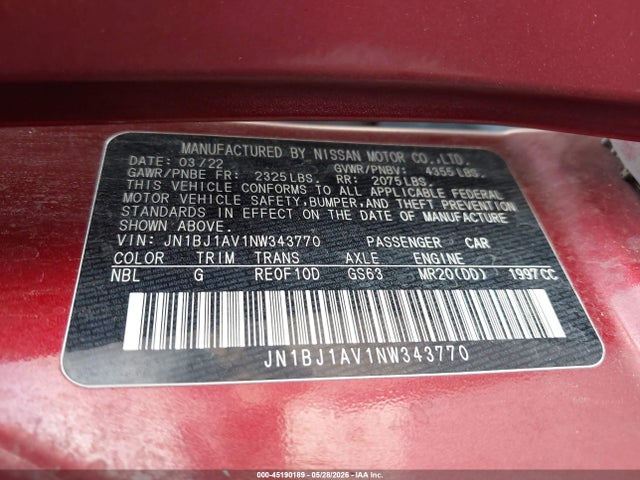 JN1BJ1AV1NW343770 Nissan Rogue Sport S Fwd Xtronic Cvt