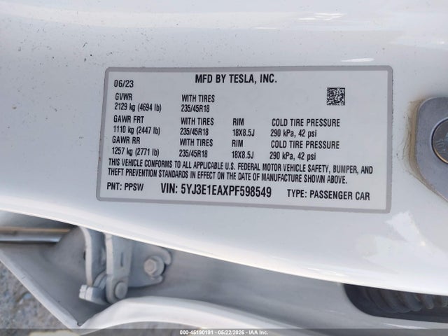 Aukcja sprzedaży 2023 Tesla Model 3 Rear-wheel Drive, vin: 5YJ3E1EAXPF598549, numer aukcji: 45190191