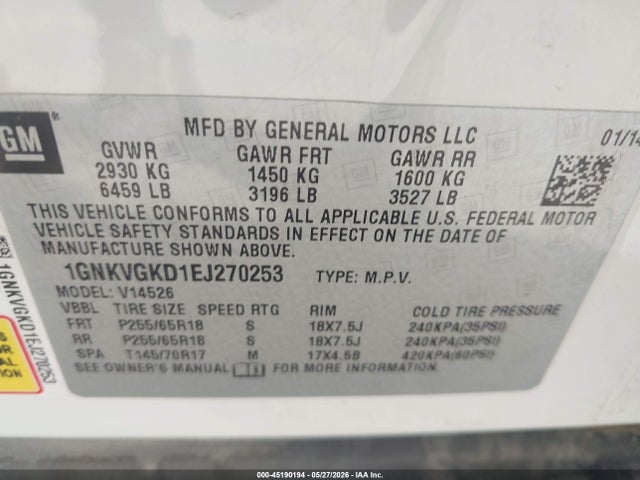 1GNKVGKD1EJ270253 Chevrolet Traverse 1lt