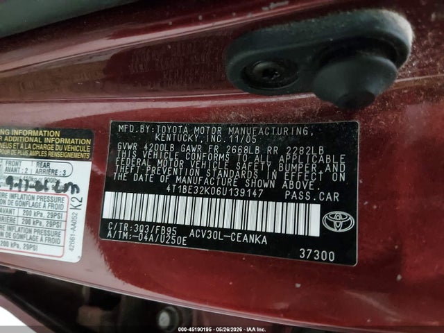 Продаж на аукціоні авто 2006 Toyota Camry Le, vin: 4T1BE32K06U139147, номер лоту: 45190195