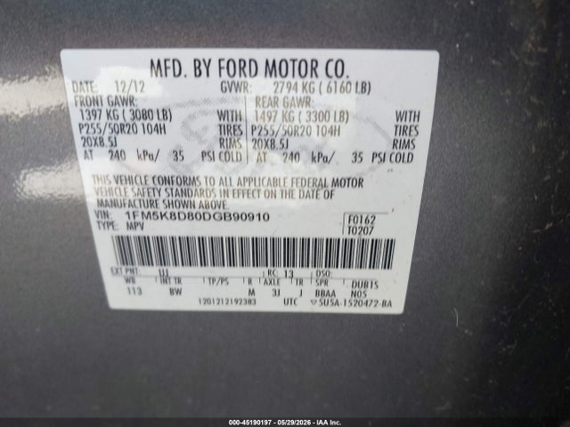 45190197 :رقم المزاد ، 1FM5K8D80DGB90910 vin ، 2013 Ford Explorer Xlt مزاد بيع