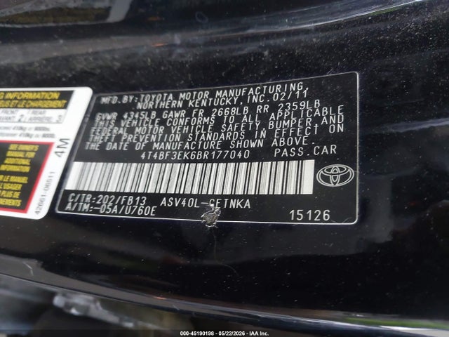 2011 Toyota Camry Le მანქანა იყიდება აუქციონზე, vin: 4T4BF3EK6BR177040, აუქციონის ნომერი: 45190198