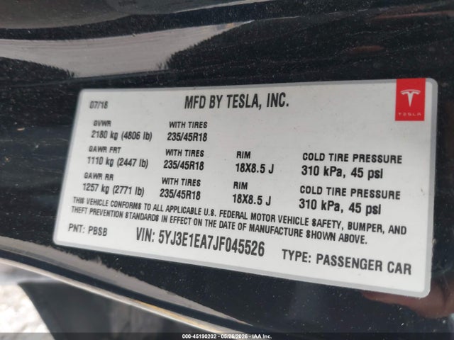 2018 Tesla Model 3 Long Range/mid Range მანქანა იყიდება აუქციონზე, vin: 5YJ3E1EA7JF045526, აუქციონის ნომერი: 45190202