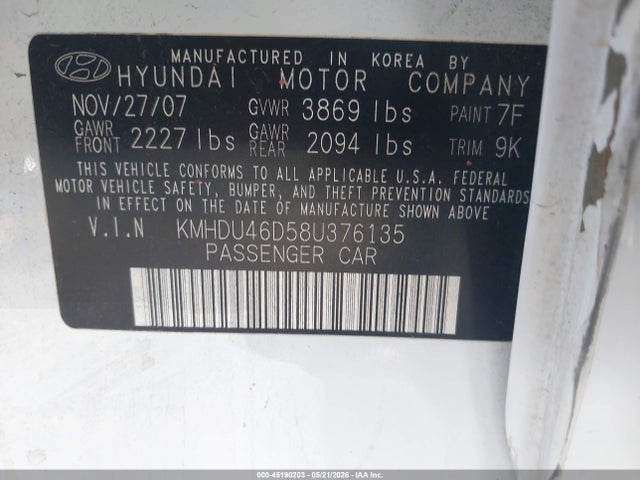 Продаж на аукціоні авто 2008 Hyundai Elantra Gls/se, vin: KMHDU46D58U376135, номер лоту: 45190203