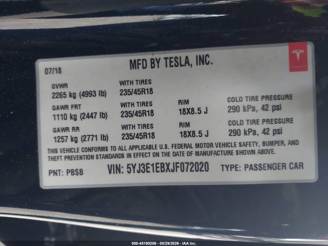 Aukcja sprzedaży 2018 Tesla Model 3 Long Range/performance, vin: 5YJ3E1EBXJF072020, numer aukcji: 45190206