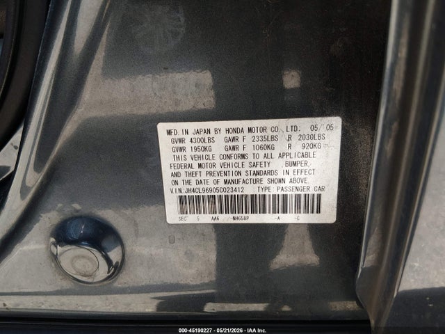 2005 Acura Tsx Base W/navigation (a5) მანქანა იყიდება აუქციონზე, vin: JH4CL96905C023412, აუქციონის ნომერი: 45190227