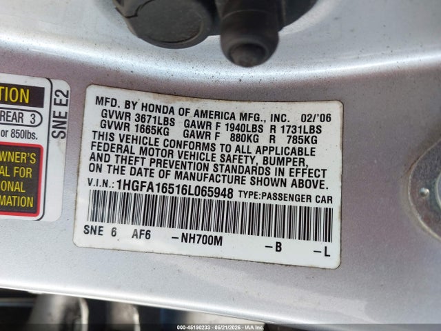 Aukcja sprzedaży 2006 Honda Civic Lx, vin: 1HGFA16516L065948, numer aukcji: 45190233