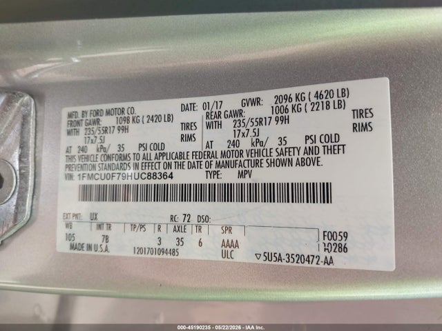 Продаж на аукціоні авто 2017 Ford Escape S, vin: 1FMCU0F79HUC88364, номер лоту: 45190235