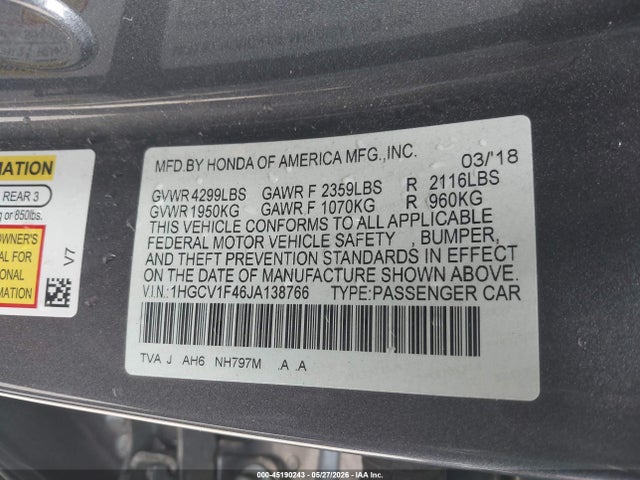 Продажа на аукционе авто 2018 Honda Accord Ex, vin: 1HGCV1F46JA138766, номер лота: 45190243