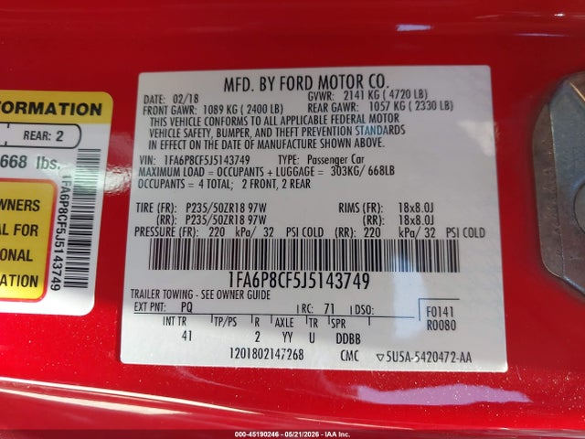 Продаж на аукціоні авто 2018 Ford Mustang Gt Premium, vin: 1FA6P8CF5J5143749, номер лоту: 45190246