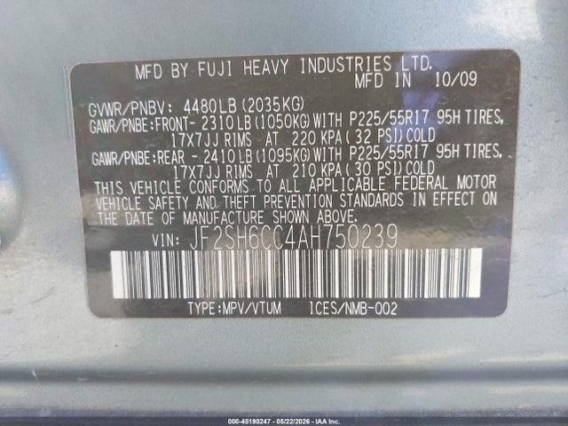 45190247 :رقم المزاد ، JF2SH6CC4AH750239 vin ، 2010 Subaru Forester 2.5x Premium مزاد بيع