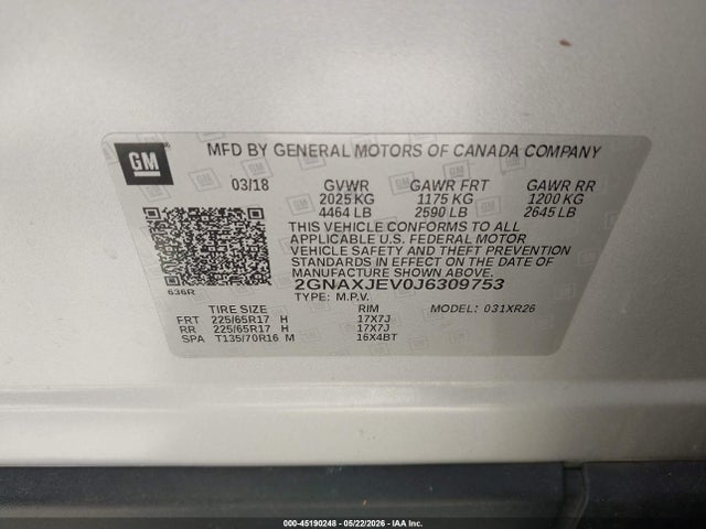 45190248 :رقم المزاد ، 2GNAXJEV0J6309753 vin ، 2018 Chevrolet Equinox Lt مزاد بيع