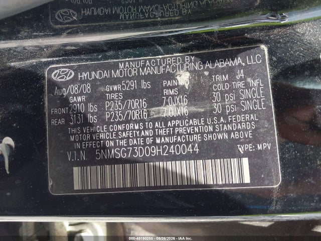 2009 Hyundai Santa Fe Gls მანქანა იყიდება აუქციონზე, vin: 5NMSG73D09H240044, აუქციონის ნომერი: 45190255