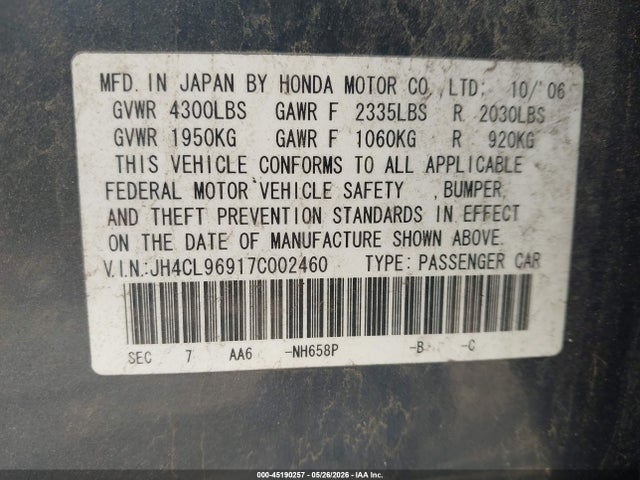 45190257 :رقم المزاد ، JH4CL96917C002460 vin ، 2007 Acura Tsx مزاد بيع