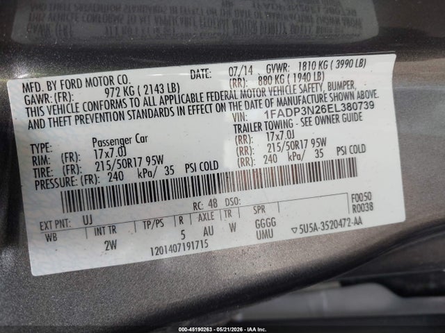 Продажа на аукционе авто 2014 Ford Focus Titanium, vin: 1FADP3N26EL380739, номер лота: 45190263