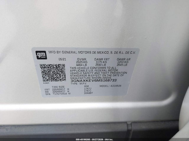 3GNAXKEV6MS168733 Chevrolet Equinox Fwd Lt