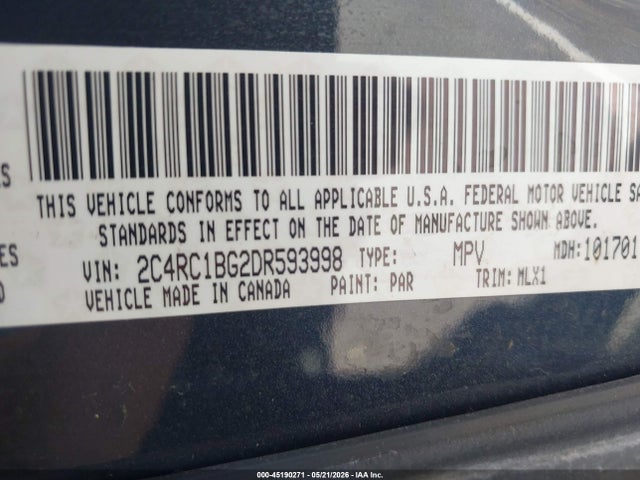 2013 Chrysler Town & Country Touring მანქანა იყიდება აუქციონზე, vin: 2C4RC1BG2DR593998, აუქციონის ნომერი: 45190271
