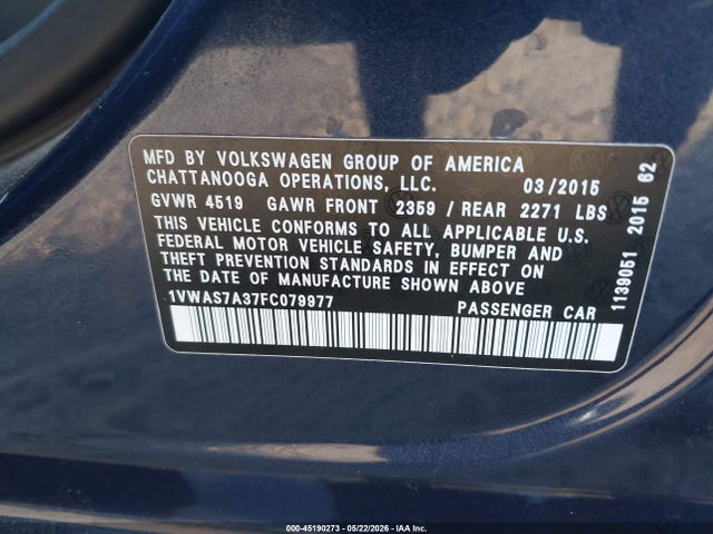 45190273 :رقم المزاد ، 1VWAS7A37FC079977 vin ، 2015 Volkswagen Passat 1.8t Limited Edition مزاد بيع