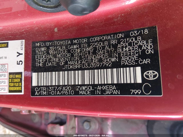 Toyota Prius Two 2018 JTDKBRFU3J3597792 Image 9