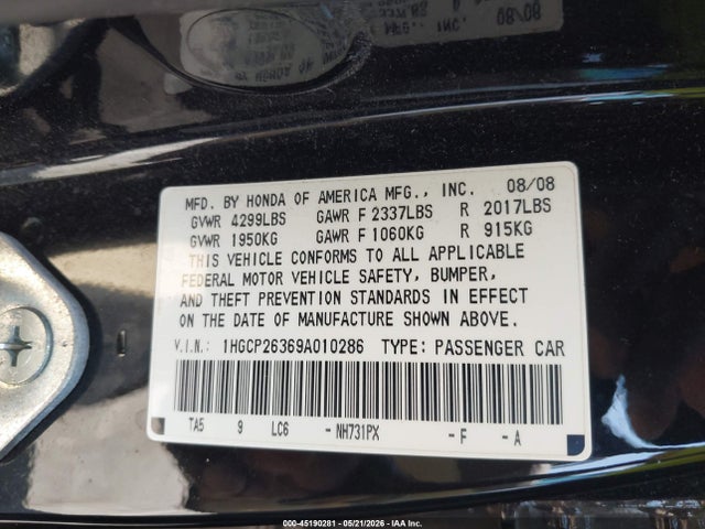 2009 Honda Accord 2.4 Lx მანქანა იყიდება აუქციონზე, vin: 1HGCP26369A010286, აუქციონის ნომერი: 45190281
