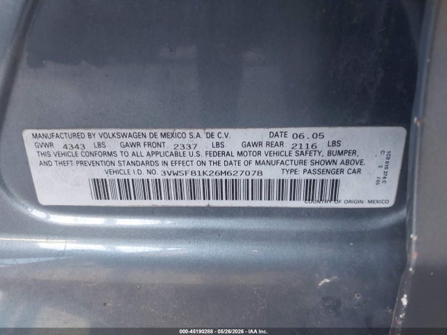 Aukcja sprzedaży 2006 Volkswagen Jetta 2.5, vin: 3VWSF81K26M627078, numer aukcji: 45190288