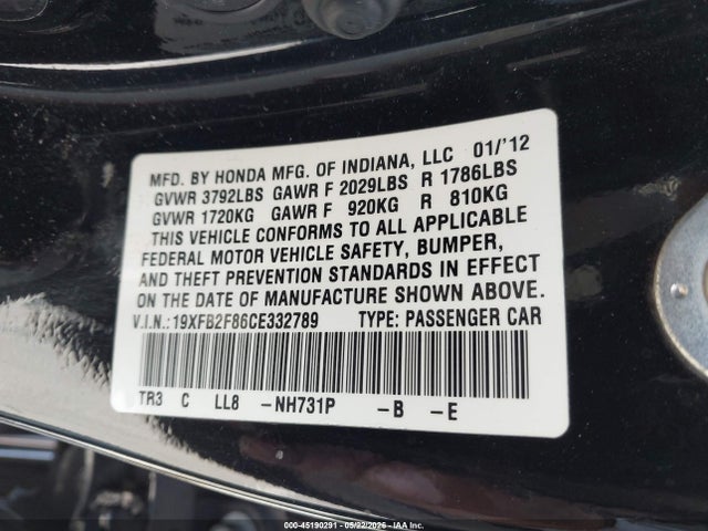 Продаж на аукціоні авто 2012 Honda Civic Ex, vin: 19XFB2F86CE332789, номер лоту: 45190291
