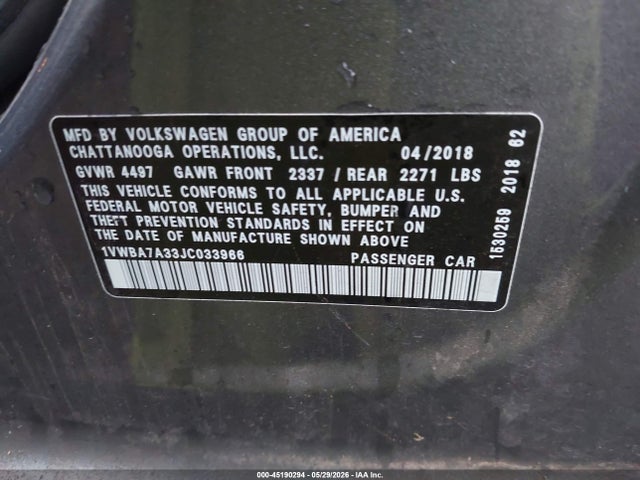 Aukcja sprzedaży 2018 Volkswagen Passat 2.0t Se, vin: 1VWBA7A33JC033966, numer aukcji: 45190294
