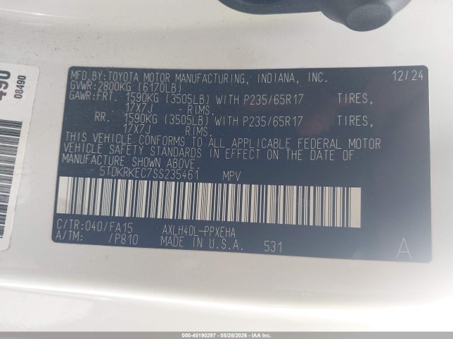 Aukcja sprzedaży 2025 Toyota Sienna Le, vin: 5TDKRKEC7SS235461, numer aukcji: 45190297