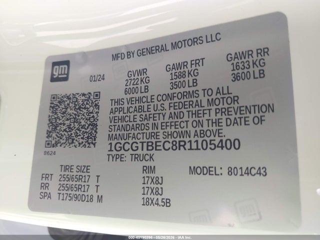 45190298 :رقم المزاد ، 1GCGTBEC8R1105400 vin ، 2024 Chevrolet Colorado 4wd Wt مزاد بيع