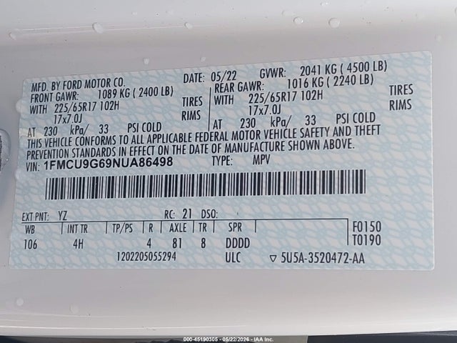 Aukcja sprzedaży 2022 Ford Escape Se, vin: 1FMCU9G69NUA86498, numer aukcji: 45190305