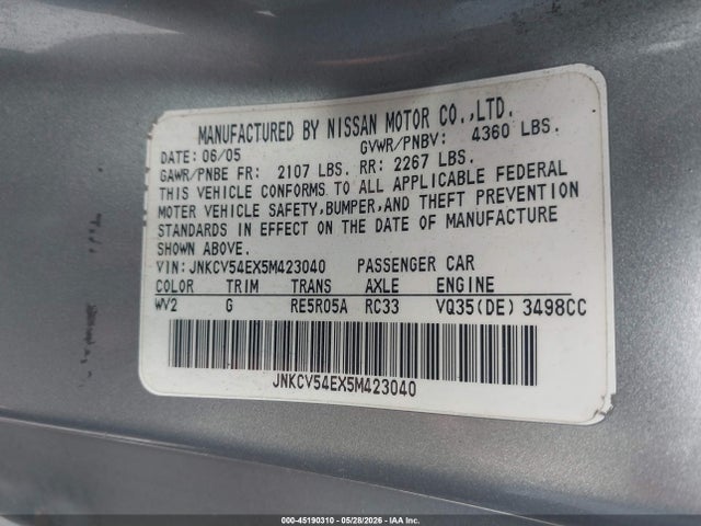 2005 Infiniti G35 მანქანა იყიდება აუქციონზე, vin: JNKCV54EX5M423040, აუქციონის ნომერი: 45190310
