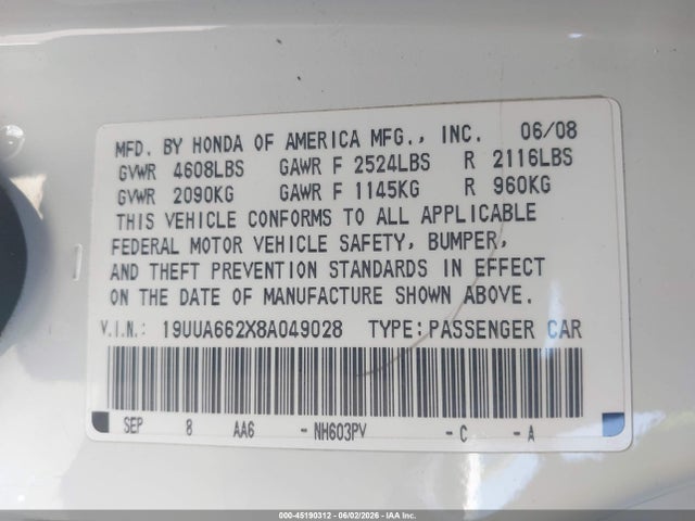 Aukcja sprzedaży 2008 Acura Tl 3.2, vin: 19UUA662X8A049028, numer aukcji: 45190312