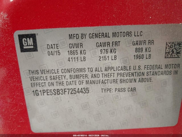 2015 Chevrolet Cruze 2lt Auto მანქანა იყიდება აუქციონზე, vin: 1G1PE5SB3F7254435, აუქციონის ნომერი: 45190314