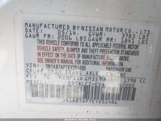 45190316 :رقم المزاد ، 3N1AB7AP7EY251486 vin ، 2014 Nissan Sentra S مزاد بيع