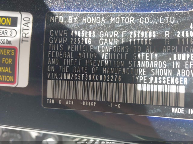 Продаж на аукціоні авто 2019 Honda Clarity Plug-in Hybrid Touring, vin: JHMZC5F39KC002276, номер лоту: 45190317