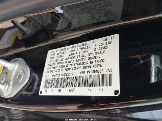 Aukcja sprzedaży 2010 Honda Accord 3.5 Ex-l, vin: 1HGCP3F88AA025121, numer aukcji: 45190319
