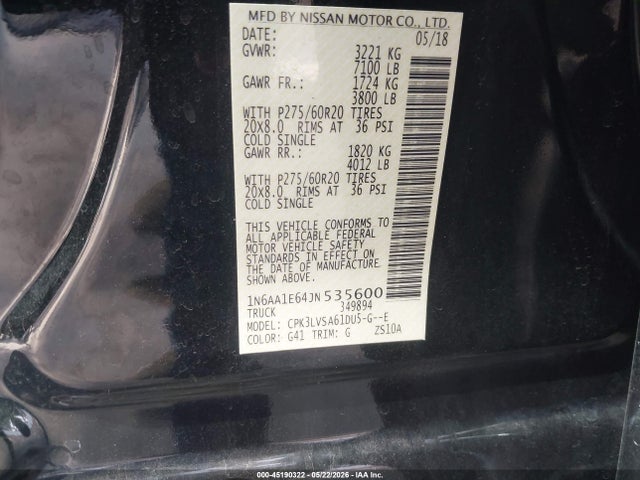 45190322 :رقم المزاد ، 1N6AA1E64JN535600 vin ، 2018 Nissan Titan Sl مزاد بيع