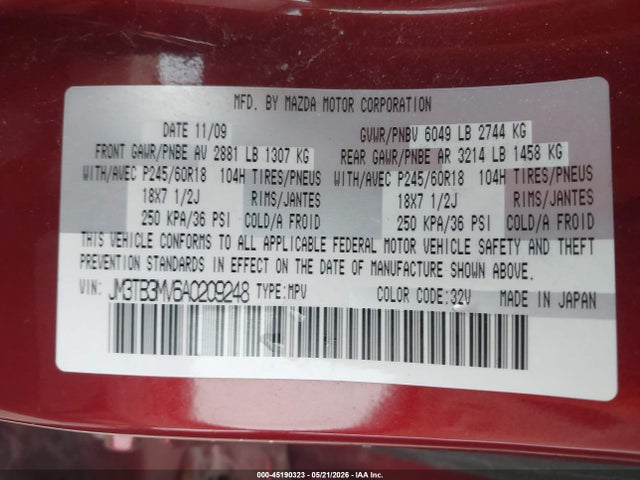 Продаж на аукціоні авто 2010 Mazda Cx-9 Touring, vin: JM3TB3MV6A0209248, номер лоту: 45190323