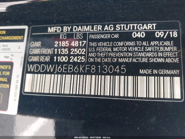 Aukcja sprzedaży 2019 Mercedes-benz Amg C 43 4matic, vin: WDDWJ6EB6KF813045, numer aukcji: 45190324