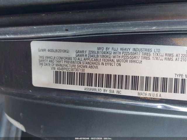 45190346 :رقم المزاد ، 4S4BP62C587307130 vin ، 2008 Subaru Outback 2.5i Limited/2.5i Limited L.l. Bean Edition مزاد بيع