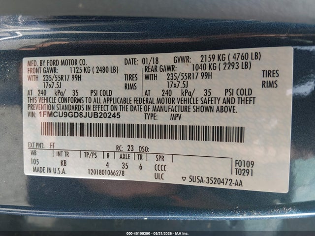 Продажа на аукционе авто 2018 Ford Escape Se, vin: 1FMCU9GD8JUB20245, номер лота: 45190350