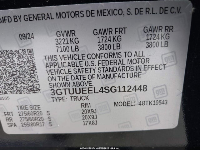 Aukcja sprzedaży 2025 Gmc Sierra 1500 4wd  Short Box At4, vin: 3GTUUEEL4SG112448, numer aukcji: 45190374