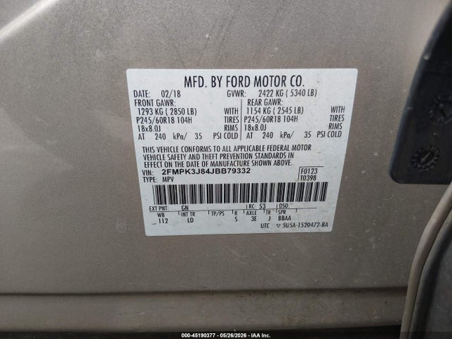 45190377 :رقم المزاد ، 2FMPK3J84JBB79332 vin ، 2018 Ford Edge Sel مزاد بيع