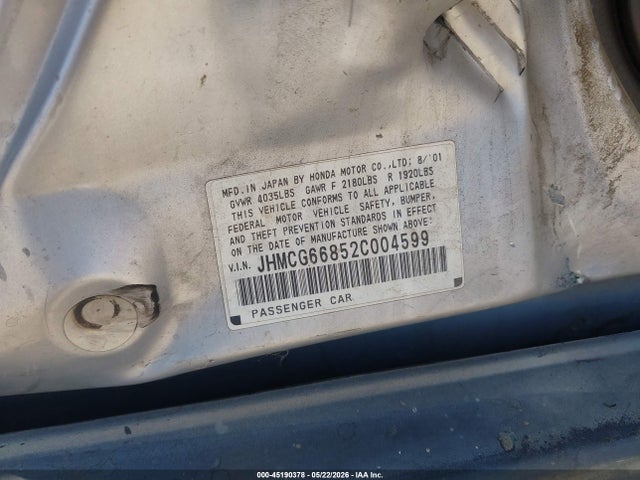 45190378 :رقم المزاد ، JHMCG66852C004599 vin ، 2002 Honda Accord 2.3 Ex/2.3 Se مزاد بيع