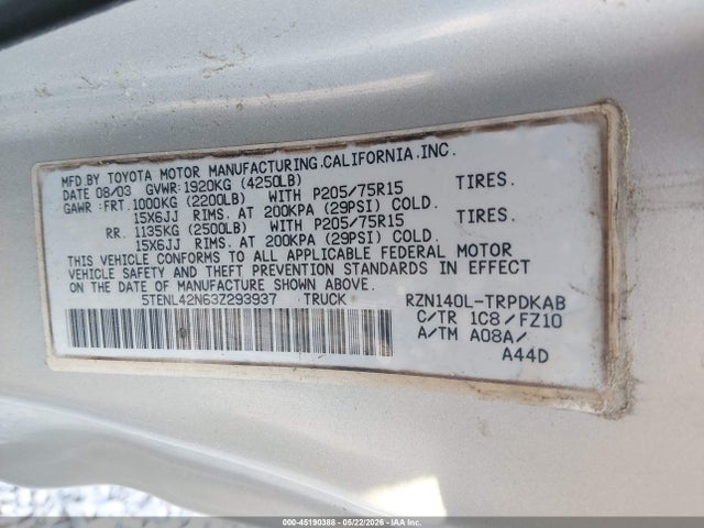 Aukcja sprzedaży 2003 Toyota Tacoma, vin: 5TENL42N63Z293937, numer aukcji: 45190388